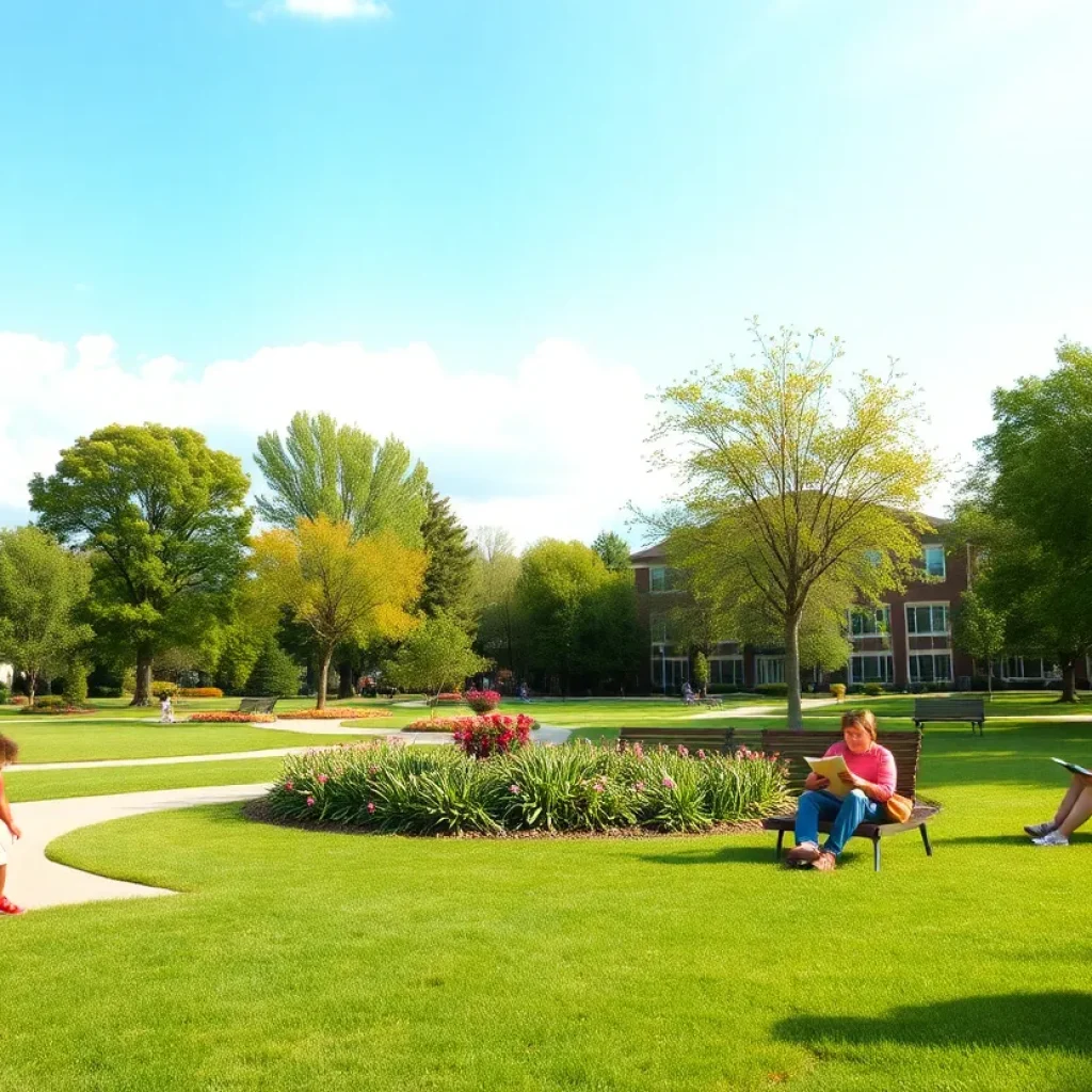 A tranquil park filled with greenery and families enjoying their time together