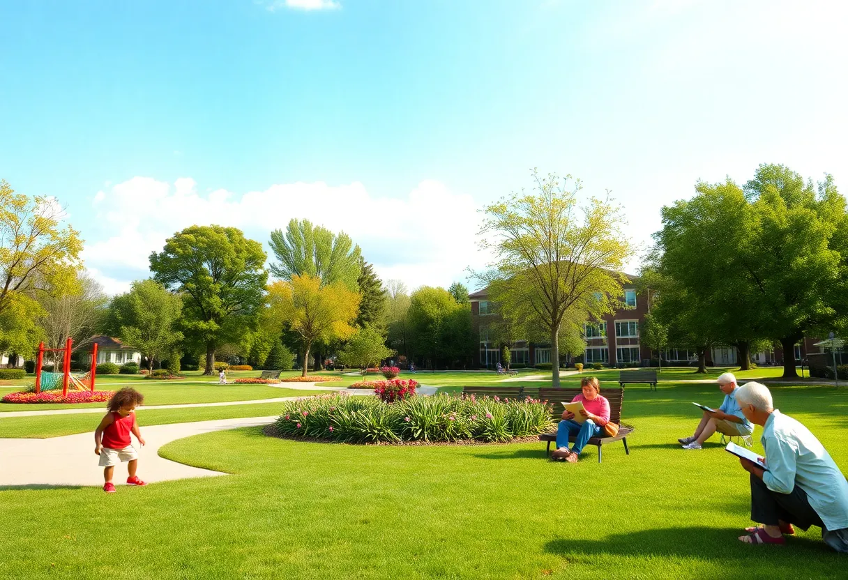 A tranquil park filled with greenery and families enjoying their time together