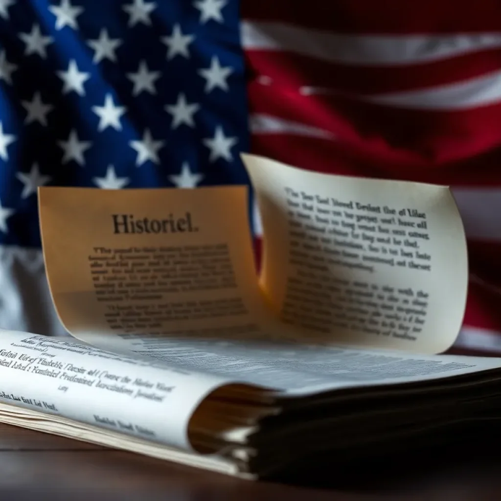 A symbolic representation of historical documents being opened, with a backdrop of the United States flag.