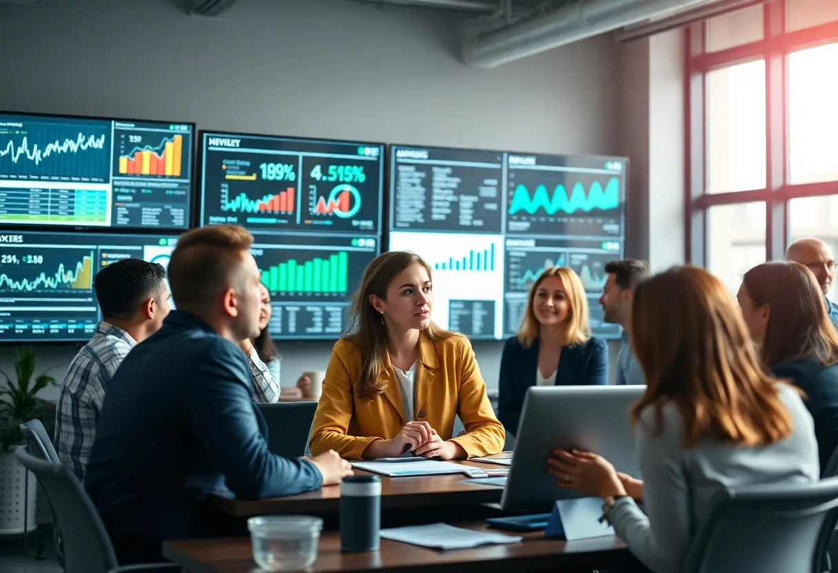 A group of advertising professionals collaborating in a modern workshop.