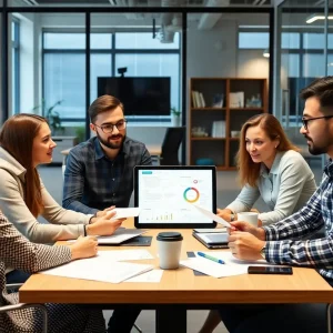 Team discussing SEO strategies in a modern office