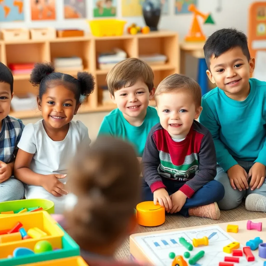 Diverse preschool children engaging in educational activities