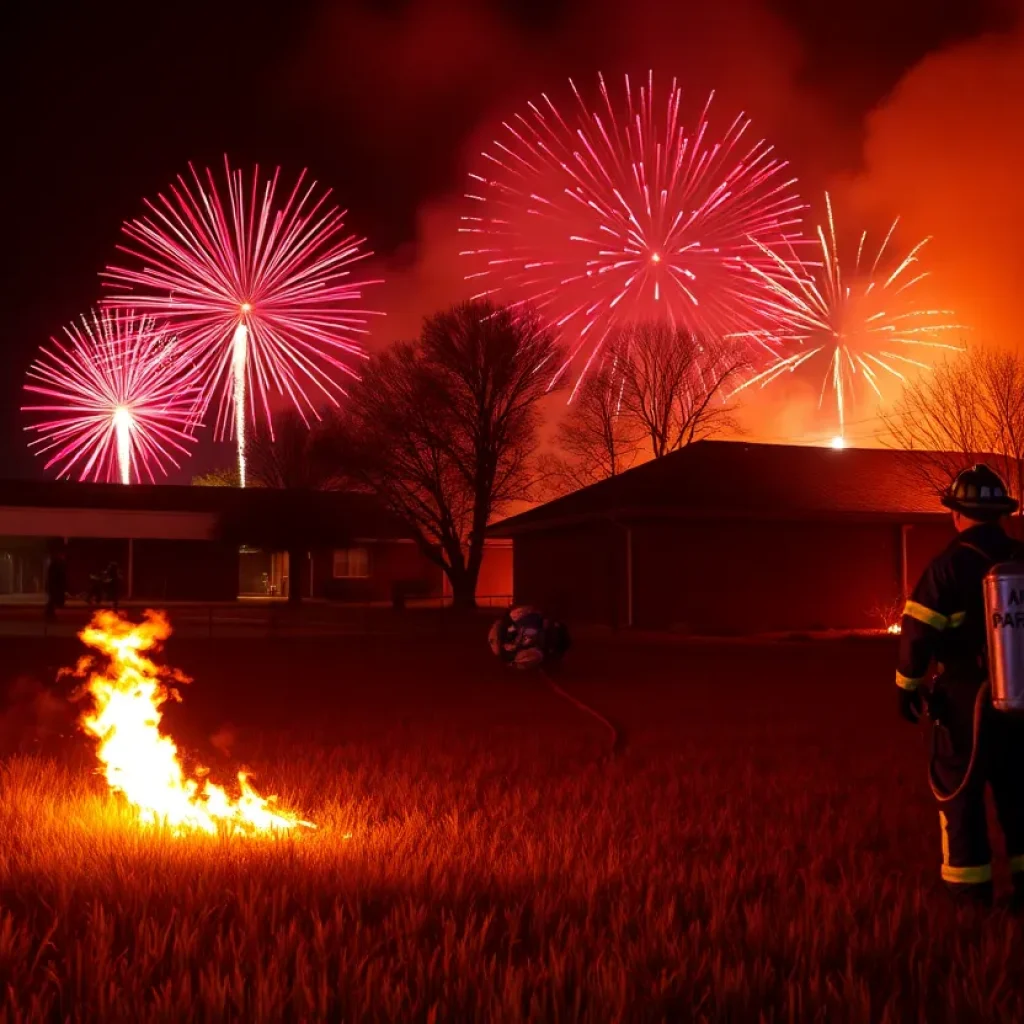 Firefighters combat a grass fire near a school on New Year's Eve