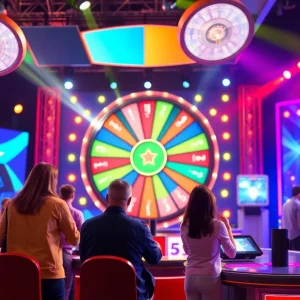 Interactive game show setup in Columbia, featuring contestants and a spinning wheel.