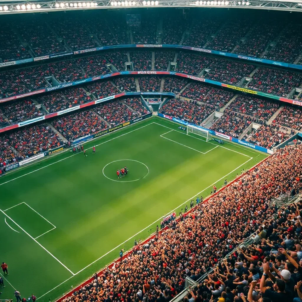 Aerial view of a crowded Williams-Brice Stadium during a soccer match between Liverpool and Manchester United.