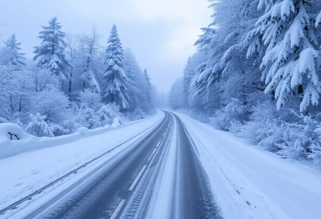 A winter scene depicting a snow-covered road and trees during a severe winter storm.