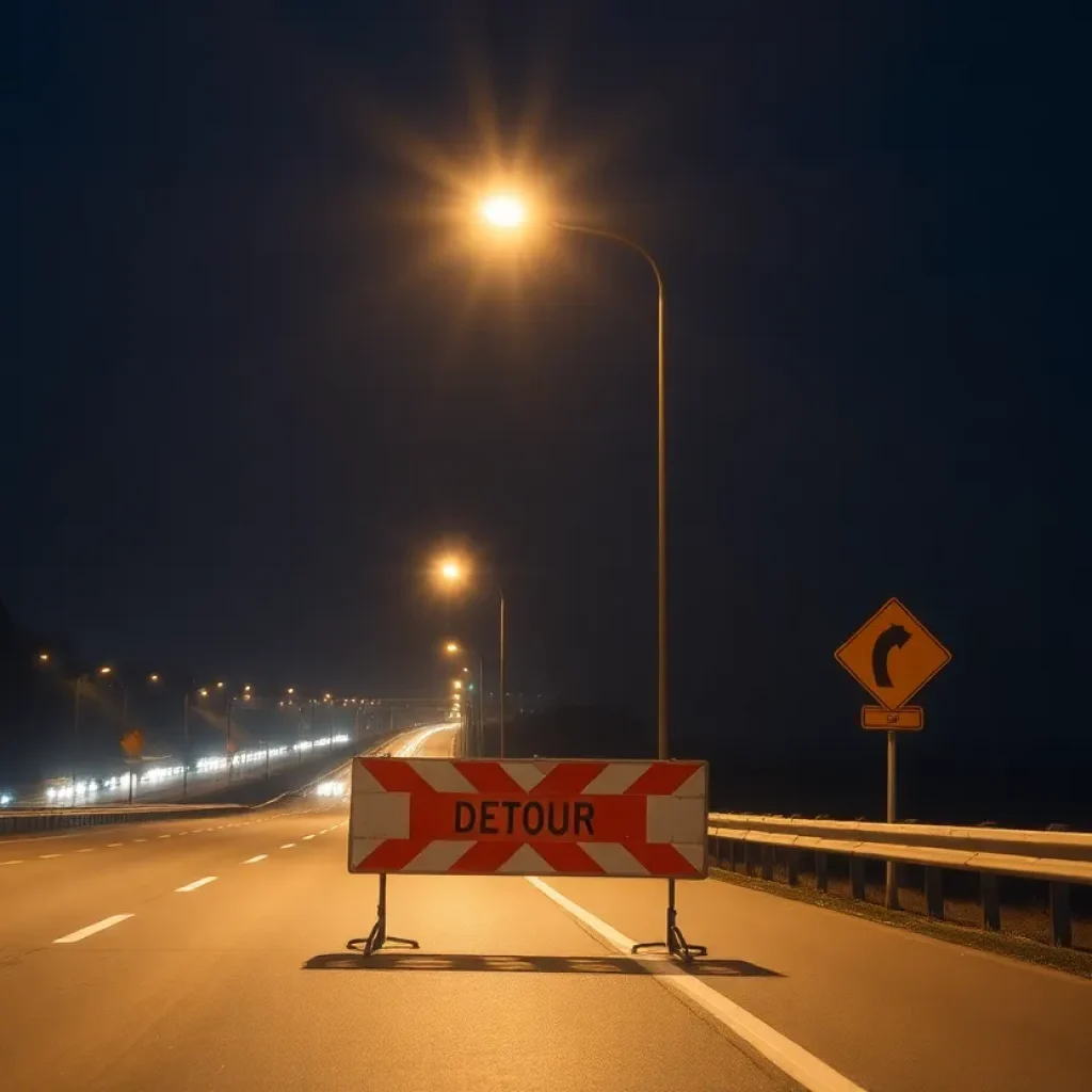 Road closure sign on I-26 with detour directions