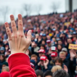 Crowd reacting to a controversial gesture at an inauguration event.