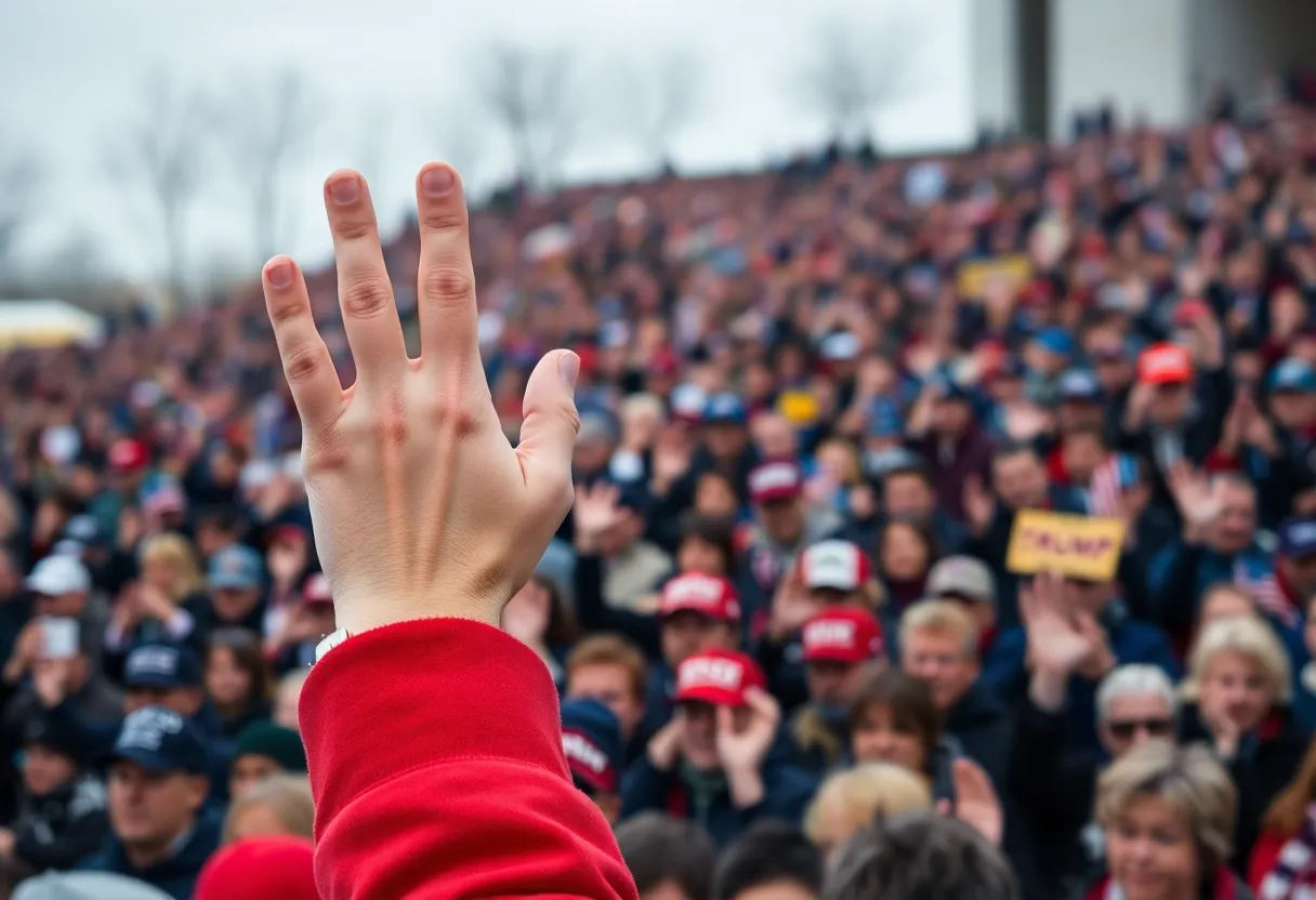 Crowd reacting to a controversial gesture at an inauguration event.