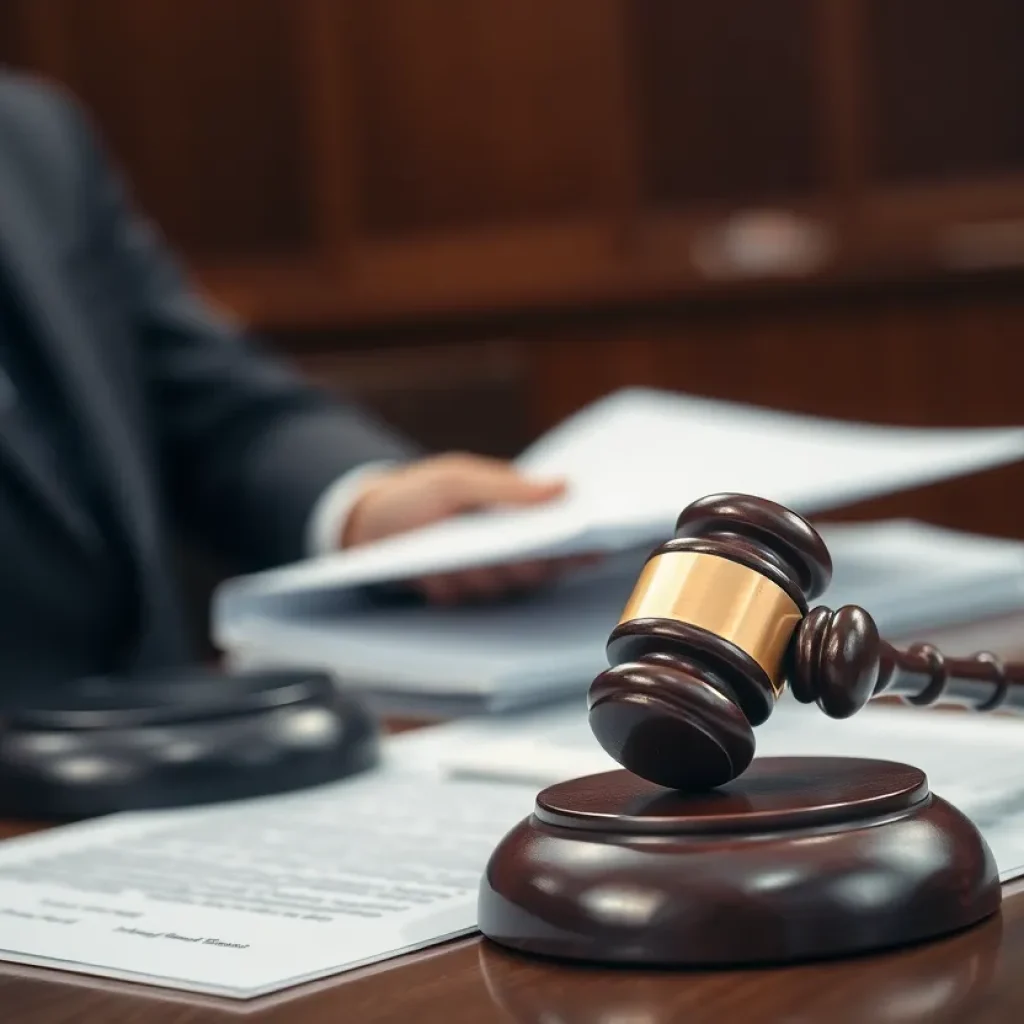 Courtroom scene with gavel and legal documents