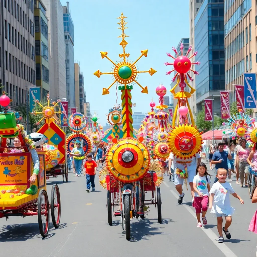 Participants showcasing colorful kinetic sculptures during the Kinetic Derby Day parade.