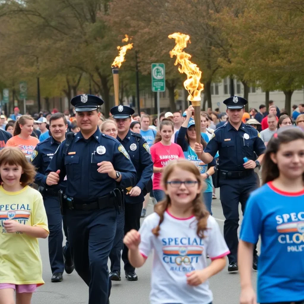 Law enforcement officers torch run for Special Olympics with athletes