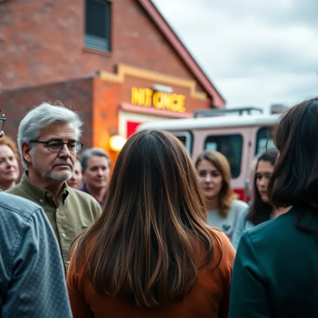 Community members gathered outside a firehouse discussing serious issues