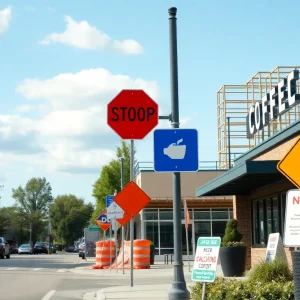 Construction on Columbia Avenue in Lexington with a coffee shop in view