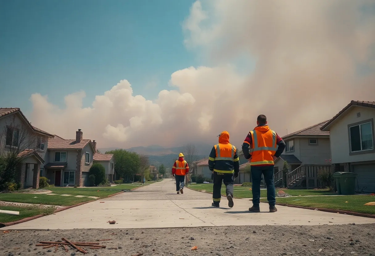 Residents cleaning up after wildfires in Los Angeles, with visible smoke and ash.