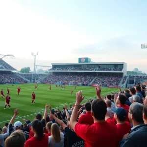 LSU soccer team competing against South Carolina with fans in the stands