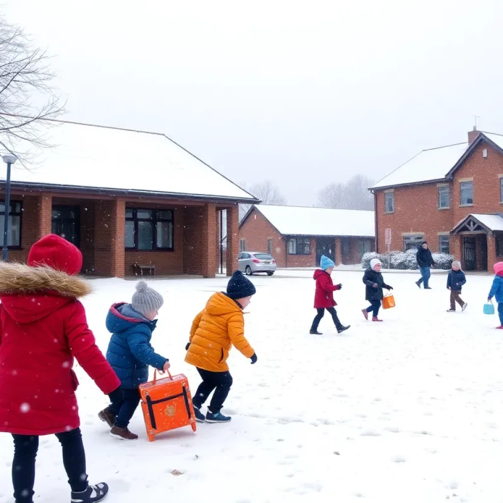 Snowy landscape of schools in the Midlands during a snowstorm