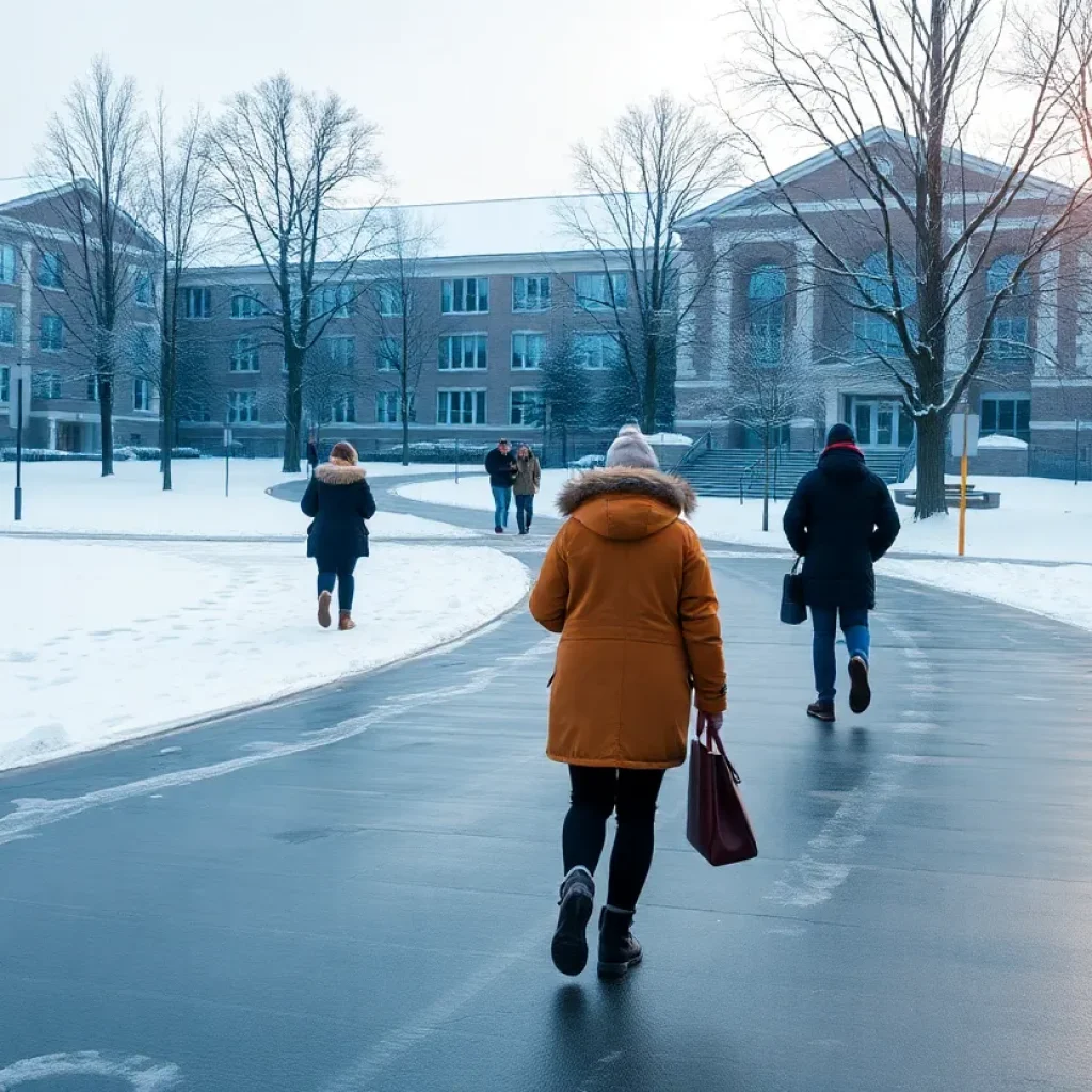 Snow-covered campus of a Midlands university with students walking