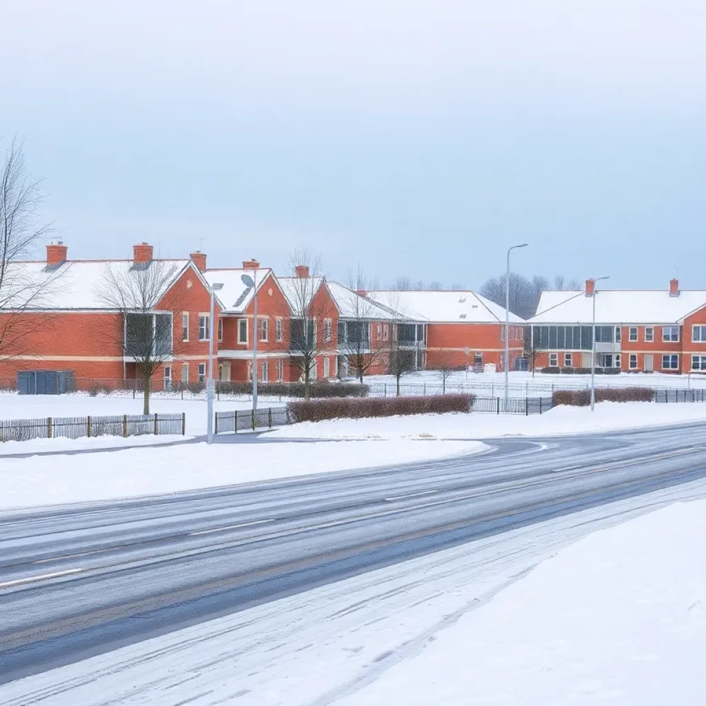 School buildings in snow during early winter weather dismissals