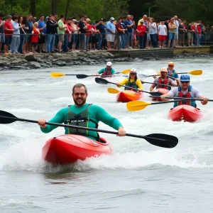 Kayakers participating in the Millrace Massacre race on the Saluda River