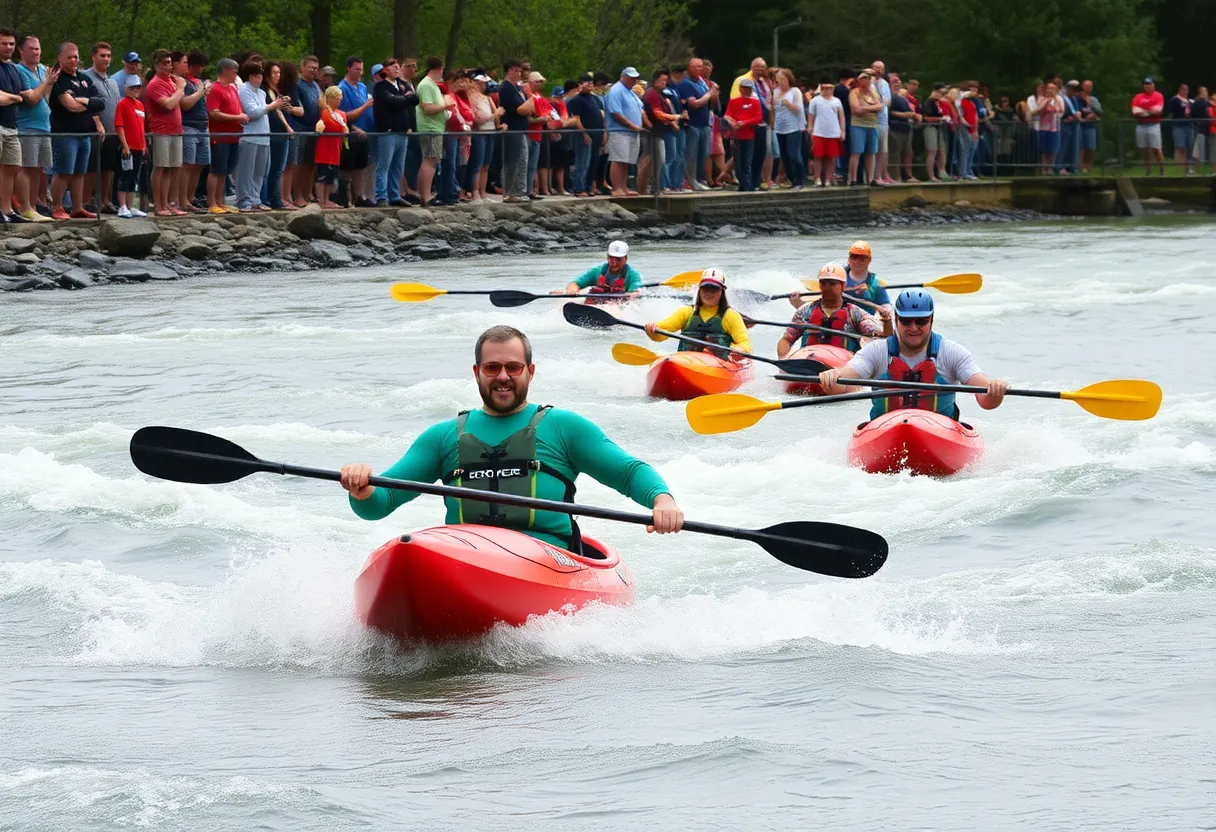 Kayakers participating in the Millrace Massacre race on the Saluda River