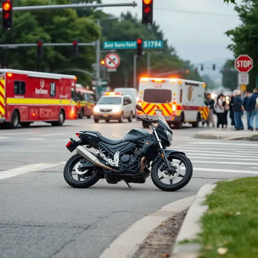 Scene of a motorcycle accident in Lexington, emergency vehicles present.