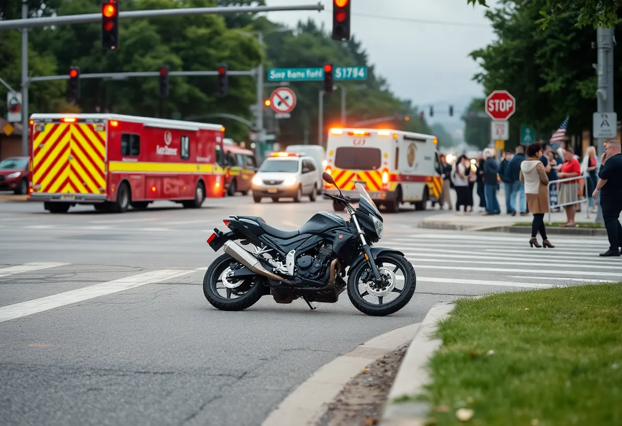 Scene of a motorcycle accident in Lexington, emergency vehicles present.