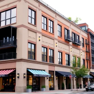 Exterior view of a modern hotel under construction on Main Street, Lexington SC