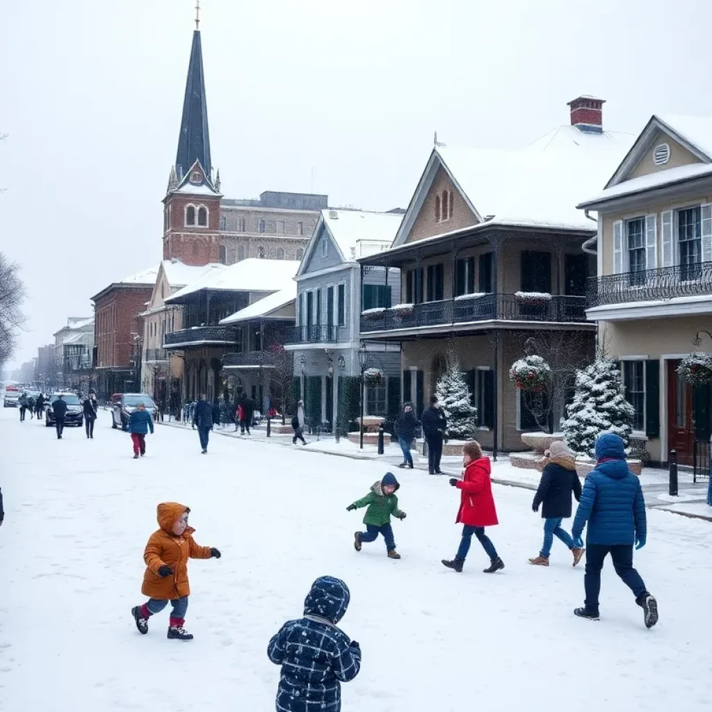 Snow-covered streets in New Orleans during the winter storm.