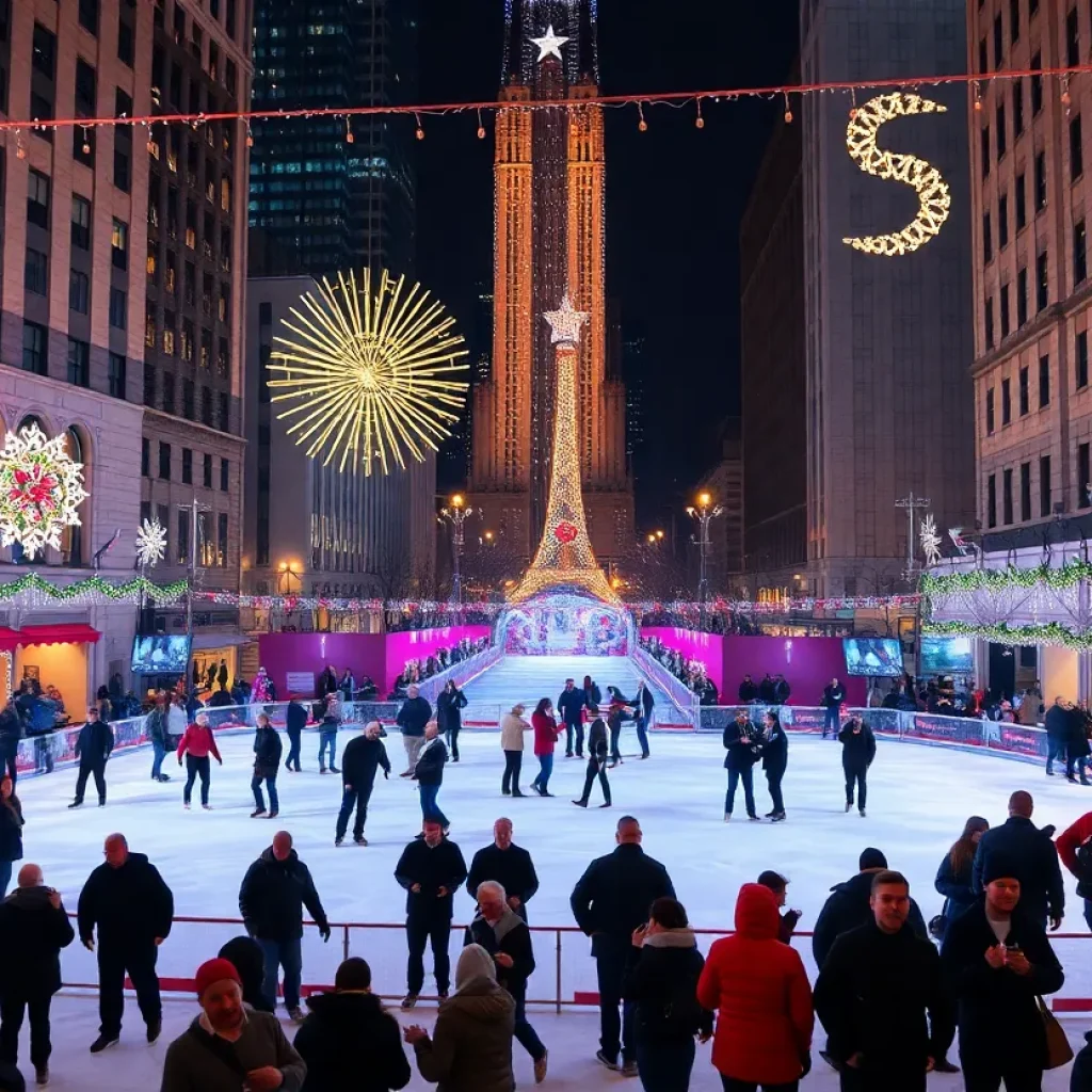 Crowd enjoying New Year's Eve festivities with ice skating and live music in Columbia.