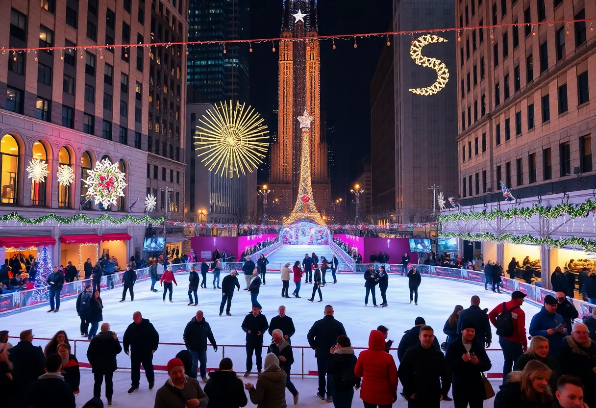 Crowd enjoying New Year's Eve festivities with ice skating and live music in Columbia.