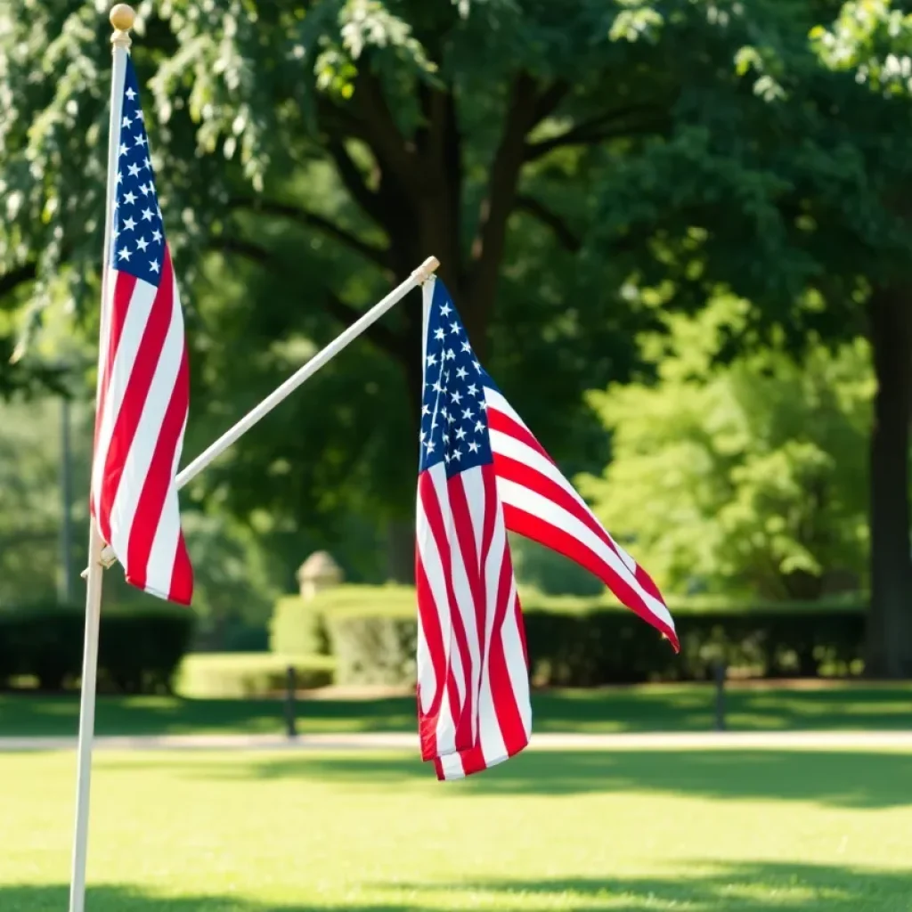 American flag waving in a peaceful park