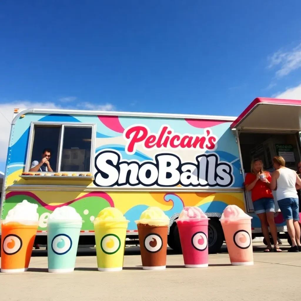 Colorful Pelican's SnoBalls trailer with ice flavor cups