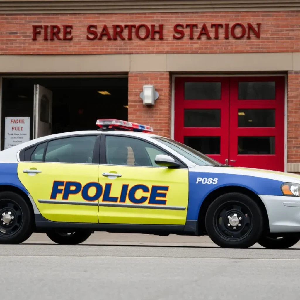 Police car outside a fire department building.