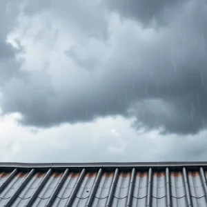 Resilient rooftop standing strong in heavy rain and stormy skies