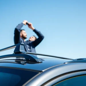 Person installing a roof rack on a vehicle roof.