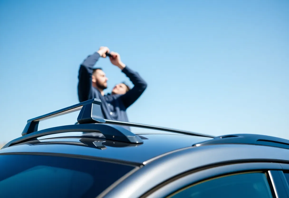 Person installing a roof rack on a vehicle roof.