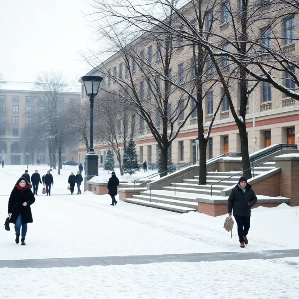 Students walking on a snowy university campus