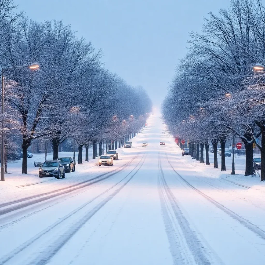 Winter landscape in Columbia with snow-covered trees and icy roads.