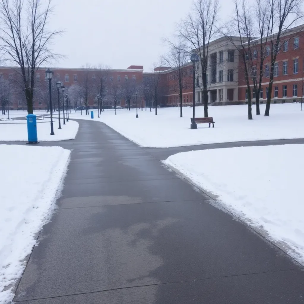 Snow-covered university campus during winter weather