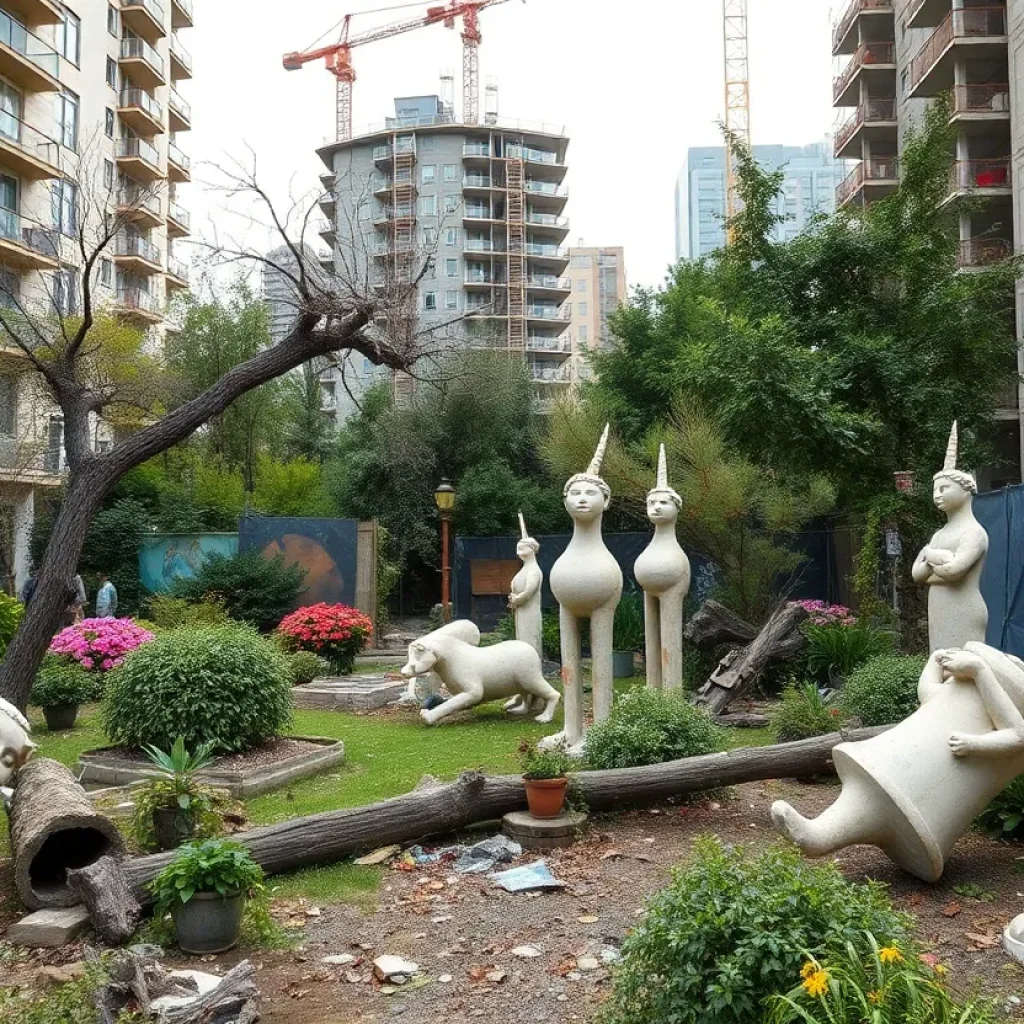 Damaged sculptures and fallen trees in an artist garden