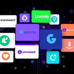 Collage of digital marketing tools including Brandwatch, Loomly, and Sprout Social.