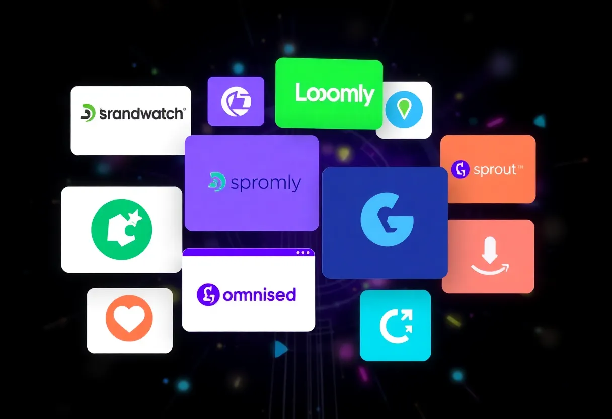 Collage of digital marketing tools including Brandwatch, Loomly, and Sprout Social.