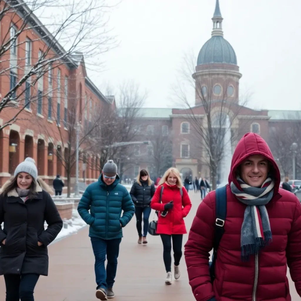 A snowy campus scene at the University of South Carolina during winter weather