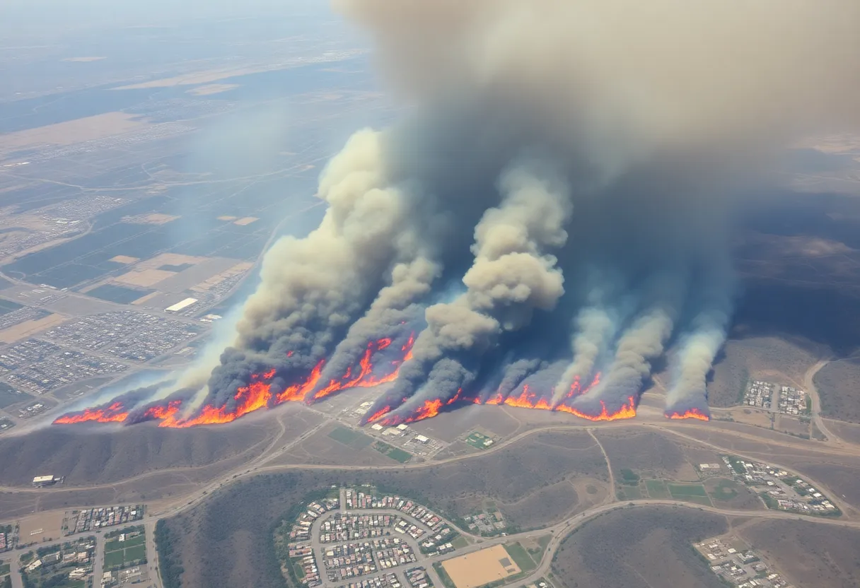 Aerial view of wildfires raging across Los Angeles County with surrounding neighborhoods and smoke.