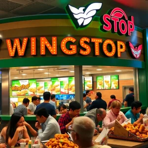 Wingstop restaurant interior with customers enjoying their meals