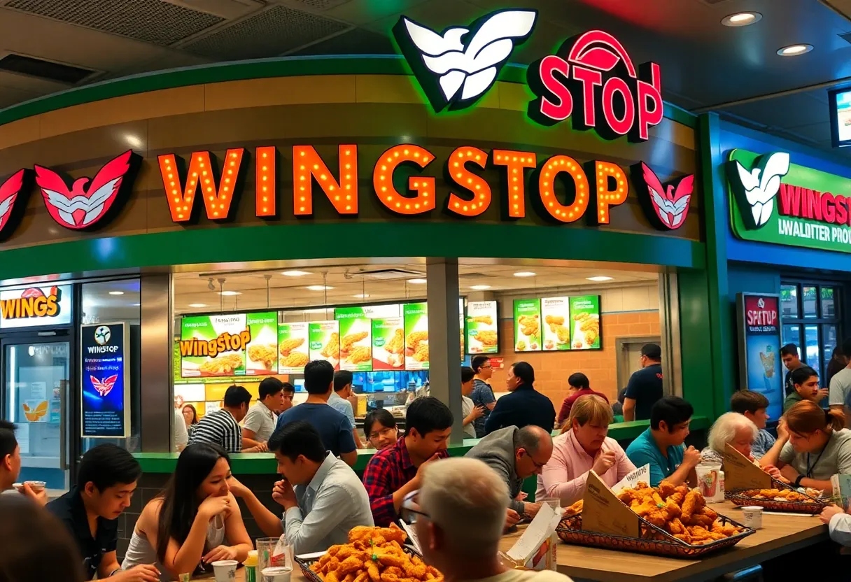 Wingstop restaurant interior with customers enjoying their meals