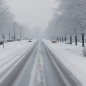 Icy roads and frosted trees during winter storm