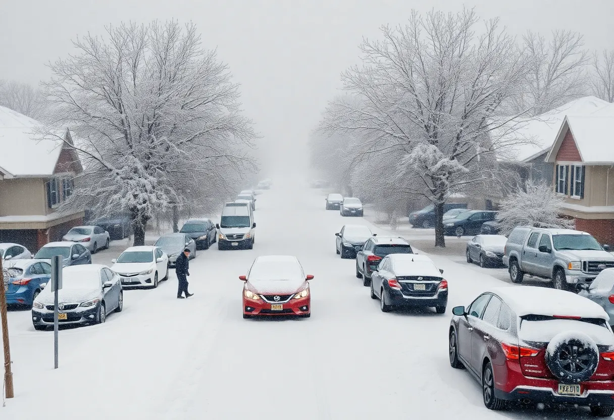 Neighborhood affected by a severe winter storm with heavy snow.