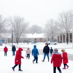 Snowy landscape in Columbia, S.C. with trees and school buildings